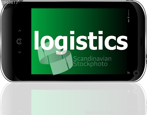 Image of smartphone with word logistics on display, business concept
