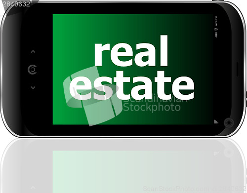 Image of digital smartphone with real estate words, business concept