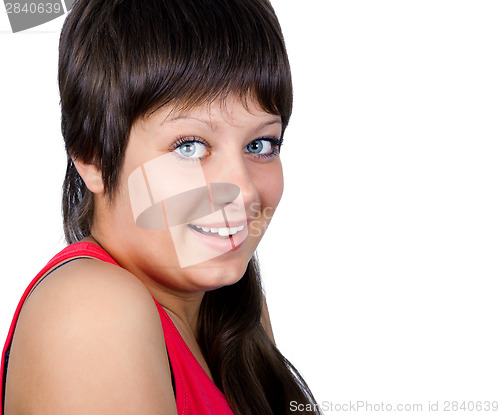 Image of Smiling blue-eyed girl on a white background. portrait