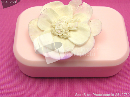 Image of Pink soap with decoration articles on a  pink background