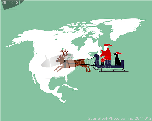 Image of Santa Claus and dog riding on their reindeer sleigh high above northamerica