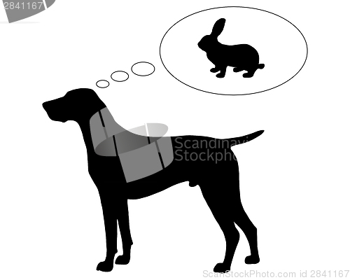 Image of The black silhouette of a German Shorthaired Pointer dreaming of a bunny