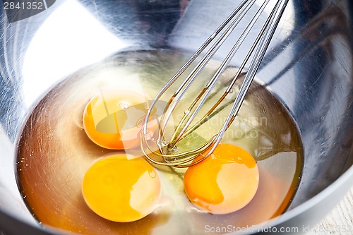 Image of whisking eggs in metal bowl 