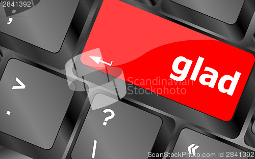 Image of glad word on keyboard key, notebook computer button
