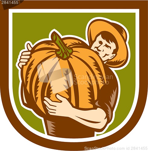 Image of Organic Farmer Holding Pumpkin Shield Retro