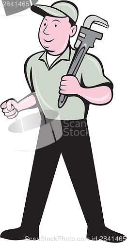 Image of Plumber Holding Monkey Wrench Front View Cartoon