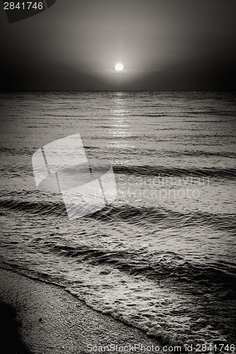 Image of Sea Ocean Water Waves And Sun At Sunset Background