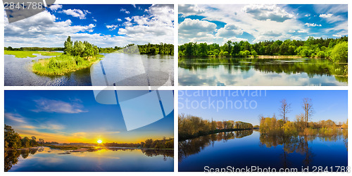 Image of Summer Forest River With Reflection Of The Coast. 