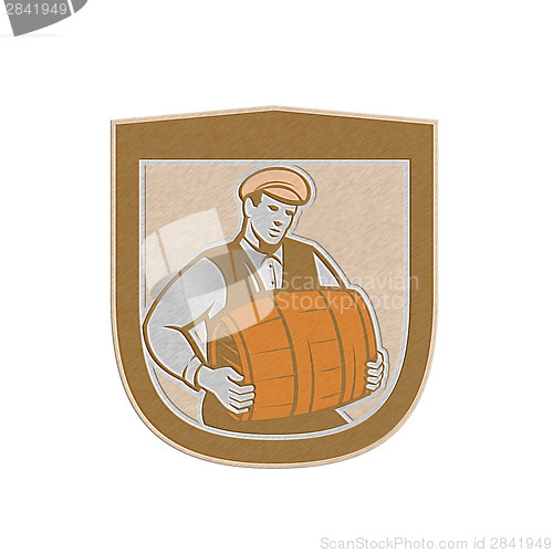 Image of Metallic Bartender Carrying Keg Shield Retro