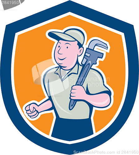 Image of Plumber Holding Monkey Wrench Shield Cartoon