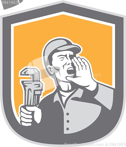 Image of Plumber Shouting Holding Wrench Shield Retro