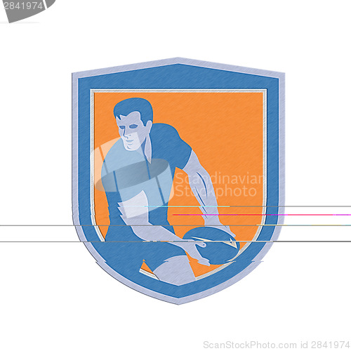 Image of Metallic Rugby Player Passing Ball Shield Retro
