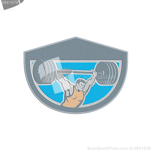 Image of Metallic Weightlifter Lifting Barbell Shield Retro
