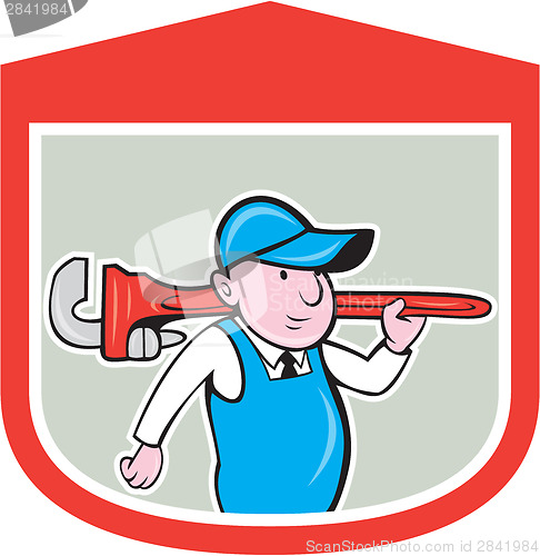 Image of Plumber Holding Big Monkey Wrench Shield Cartoon