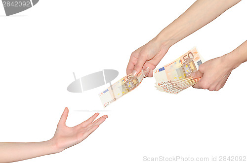 Image of Mother gives to child kid pocket money for school