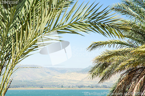 Image of Kinneret lake or Galilee sea and Golan Heights