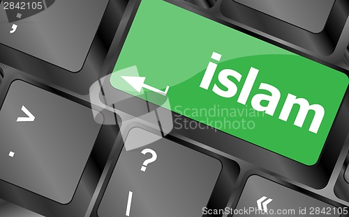 Image of islam word on computer key on enter button