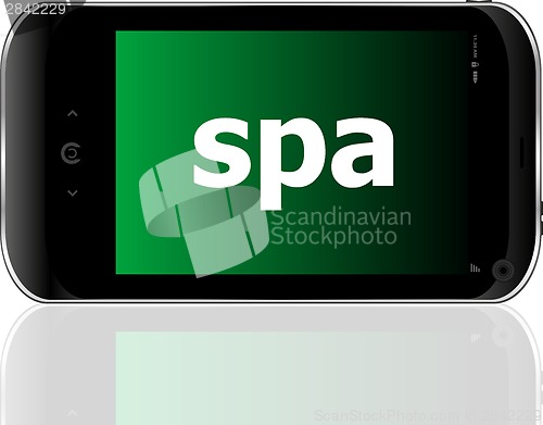Image of smartphone with word spa on display, business concept
