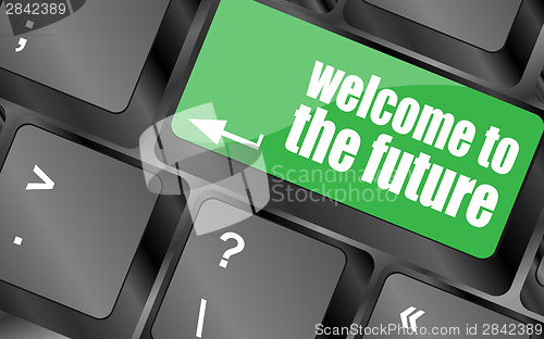 Image of welcome to the future text on laptop keyboard key