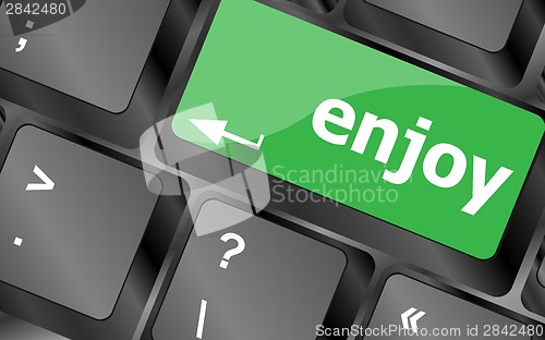 Image of enjoy word on keyboard key, notebook computer button
