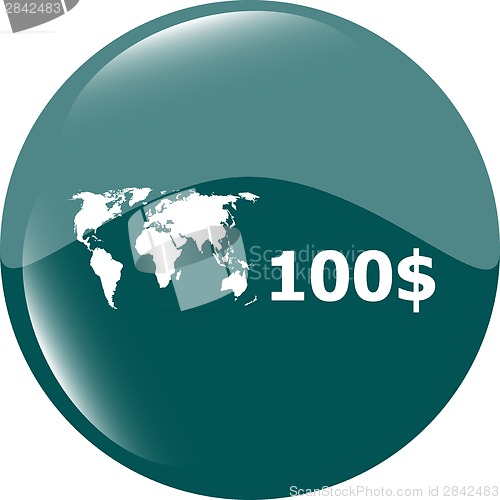 Image of glossy money bag icon with dollars and world map for web applications