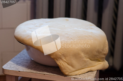 Image of yeast dough rise through metal edges of the bowl 