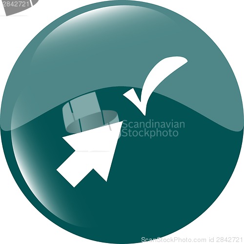 Image of computer button with arrow and check mark, web icon isolated on white