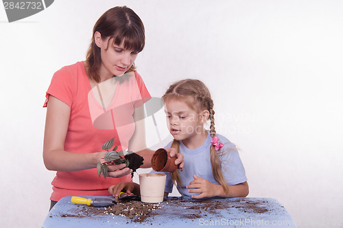 Image of Mom teaches daughter to transplant flower room