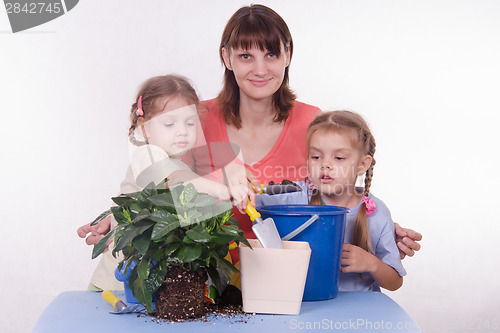 Image of Mom and two daughters transplanted flower room