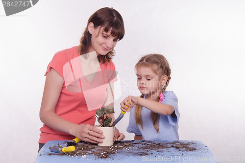 Image of Mom and daughter in land sprinkled with potted flower pot