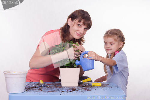 Image of Mom and daughter watering flower pot