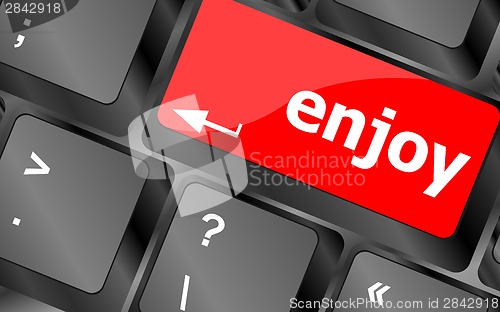 Image of enjoy word on keyboard key, notebook computer button