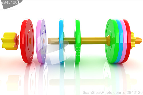 Image of Colorful dumbbells are assembly and disassembly on a white backg