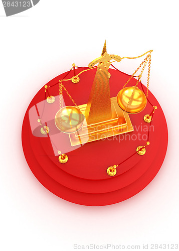 Image of Gold scales of justice on 3d carpeting podium with gold handrail