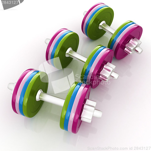 Image of Colorful dumbbells on a white background