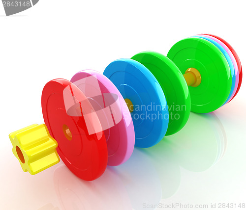 Image of Colorful dumbbells are assembly and disassembly on a white backg