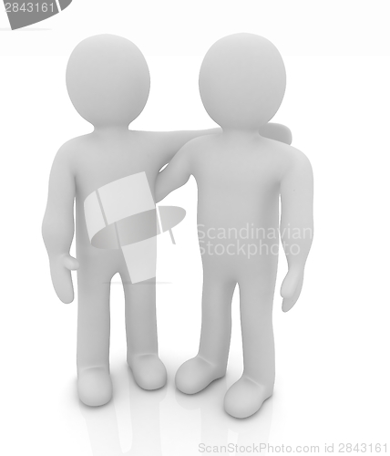 Image of Friends standing next to an embrace. 3d image. Isolated white ba