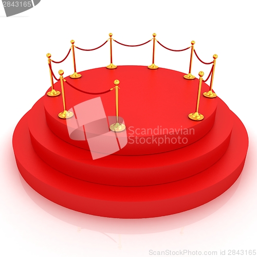 Image of 3D carpeting podium with gold handrail