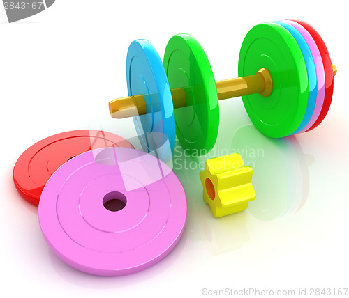 Image of Colorful dumbbells are assembly and disassembly on a white backg