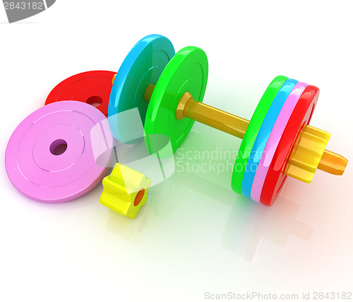 Image of Colorful dumbbells are assembly and disassembly on a white backg