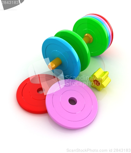 Image of Colorful dumbbells are assembly and disassembly on a white backg