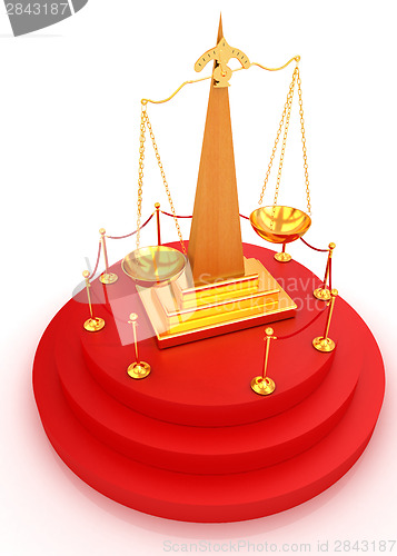 Image of Gold scales of justice on 3d carpeting podium with gold handrail
