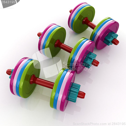 Image of Colorful dumbbells on a white background