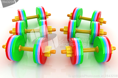 Image of Colorful dumbbells on a white background