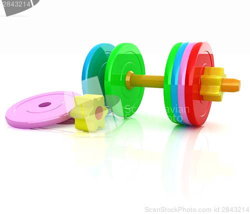 Image of Colorful dumbbells are assembly and disassembly on a white backg