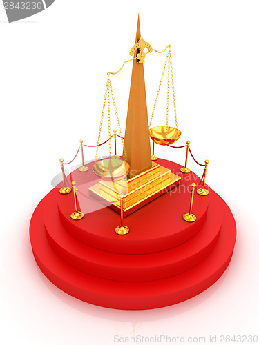 Image of Gold scales of justice on 3d carpeting podium with gold handrail