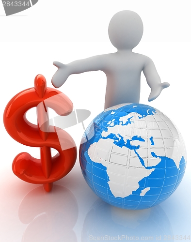 Image of 3d people - man, person presenting - dollar with global concept 