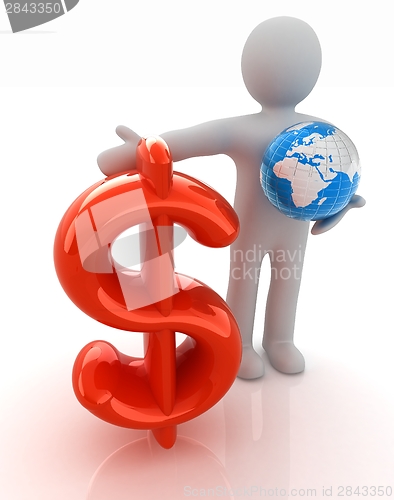 Image of 3d people - man, person presenting - dollar with global concept 