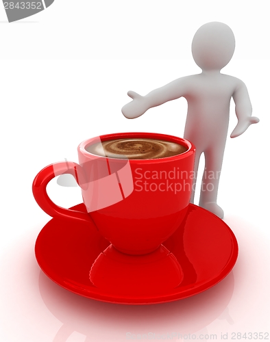 Image of 3d people - man, person presenting - Mug of coffee with milk
