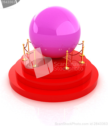 Image of Glossy pink ball on podium on a white background 